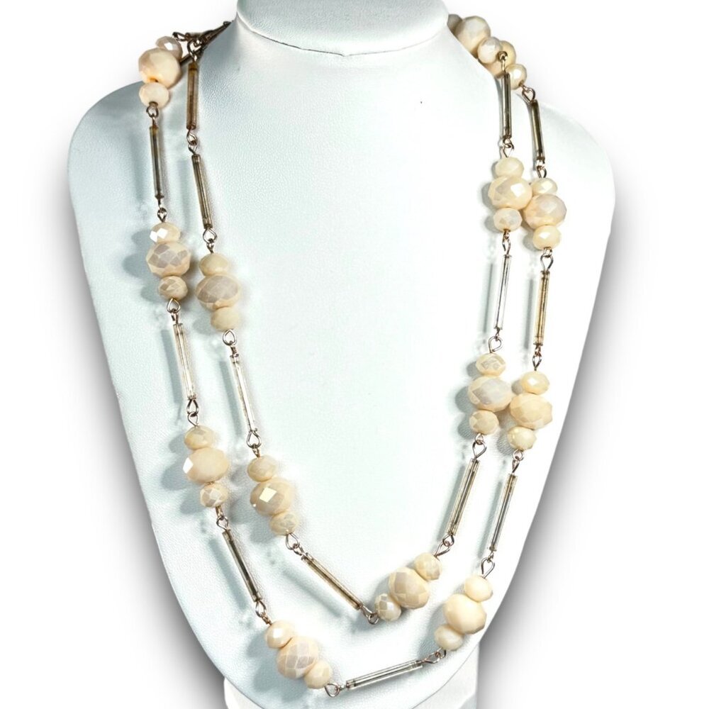 Double-Strand Beaded Necklace With Cream Faceted Beads & Silver-Tone Bars By NY